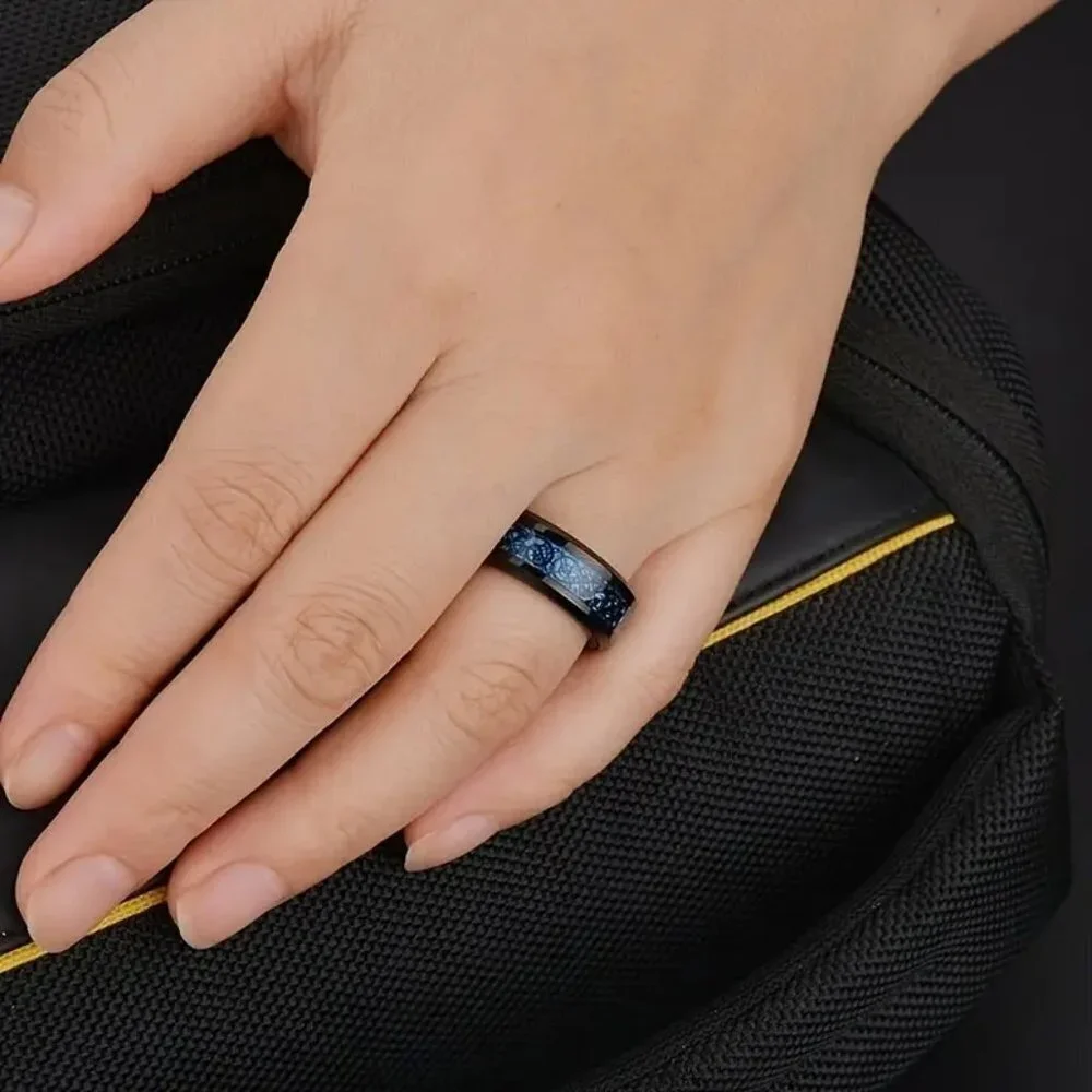 Tungsten Steel Carbide Center Zircon Carved Men's Ring in Beautiful Blue & Black